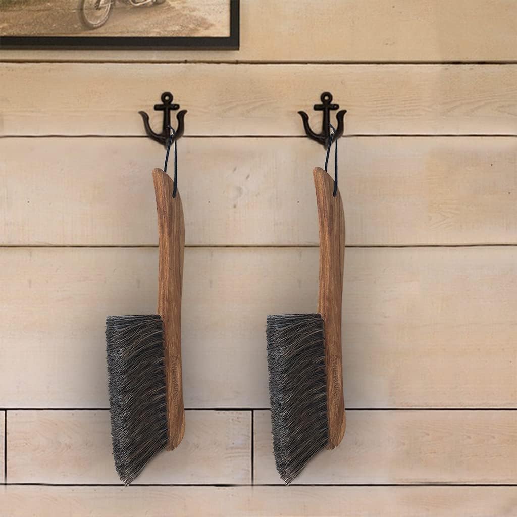 AMERWASH PLUS Counter Brush for Furniture, Drafting, Patio, Bed, Fireplace, Woodworking Cleaning, Horsehair Bristles Duster Wooden Handle Shop Brush, Hand Broom Brush - 2 Pack