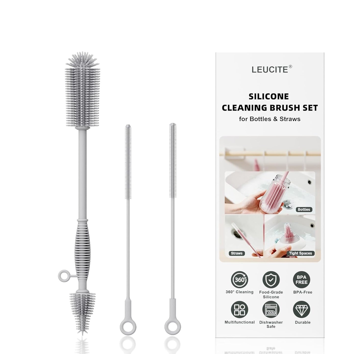 Reusable Silicone Straw Cleaner Brush Set, 2-Pack Extra Long Straw Cleaning Brush for Metal Glass Water Bottle Drinking Straws, Flexible&Bendable Design, Dishwasher Safe, 6mm & 8mm Diameter