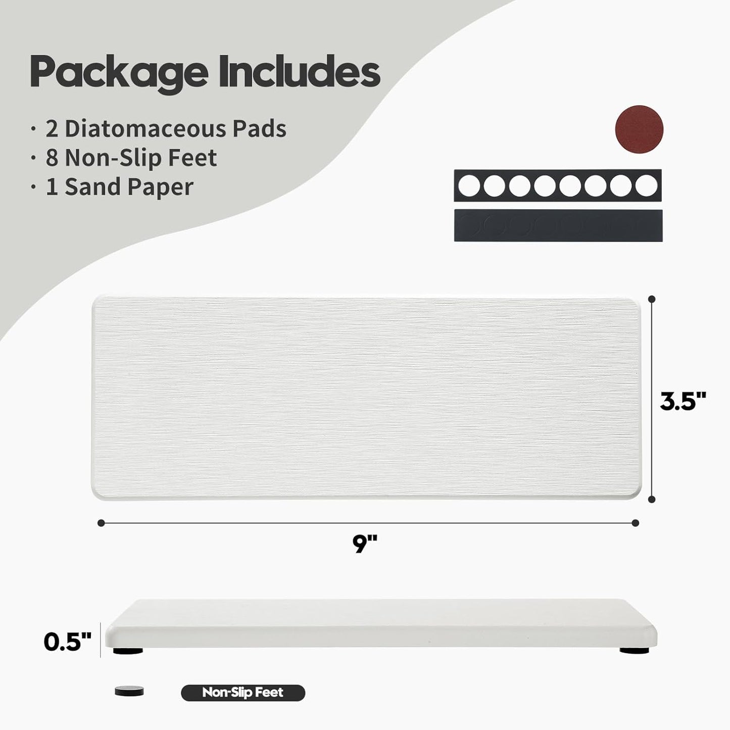 2PCS Water Absorbing Stone Drying Tray for Kitchen Counter & Bathroom Sink, Diatomite Faucet Splash Guard, Soap Dispenser Rack & Sponge Holder Caddy Organizer, Marble White (Printed Pattern), 9"x 3.5"