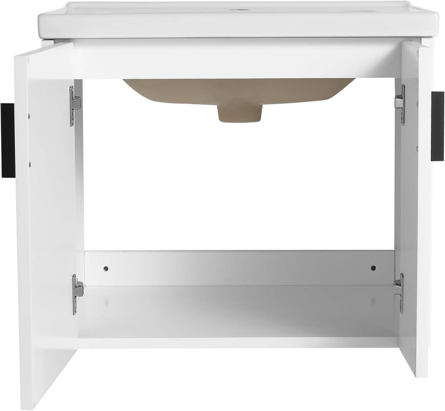 SSLine Modern 24-Inch Bathroom Vanity with Sink Wall Mounted Bathroom Vanity with Top Basin & Storage Cabinet White Wood Floating Vanity w/Ceramic Sink & Gold/Black Handles for Small Space