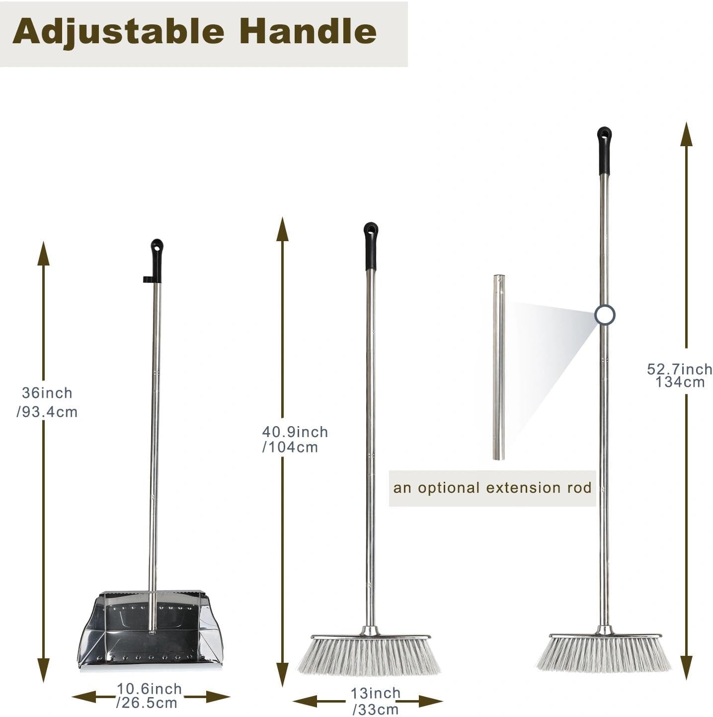 Metal Dustpan with Broom Set, Long Handle Stainless Steel Dustpan,Heavy Duty Standing Dust Pan with Teeth, Indoor Outdoor Up for Home Kitchen Lobby Room Office