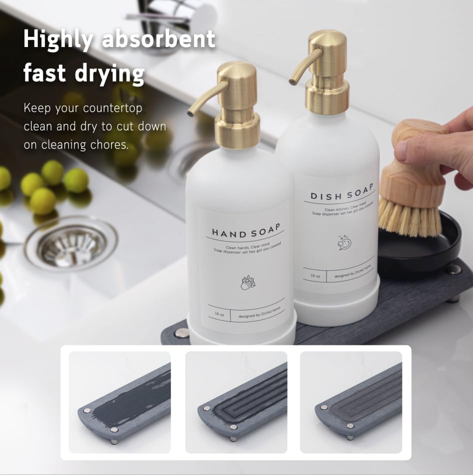 [Luxury] Kitchen Soap Dispenser Set - 16OZ Amber Glass Bottle, Stainless Steel Pump, Instant Dry Tray, Waterproof Labels, Non-Slip Silicone Pad, and Dish Brush | Upgrade for Your Kitchen and Bathroom