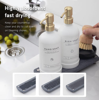 [Luxury] Kitchen Soap Dispenser Set - 16OZ Amber Glass Bottle, Stainless Steel Pump, Instant Dry Tray, Waterproof Labels, Non-Slip Silicone Pad, and Dish Brush | Upgrade for Your Kitchen and Bathroom