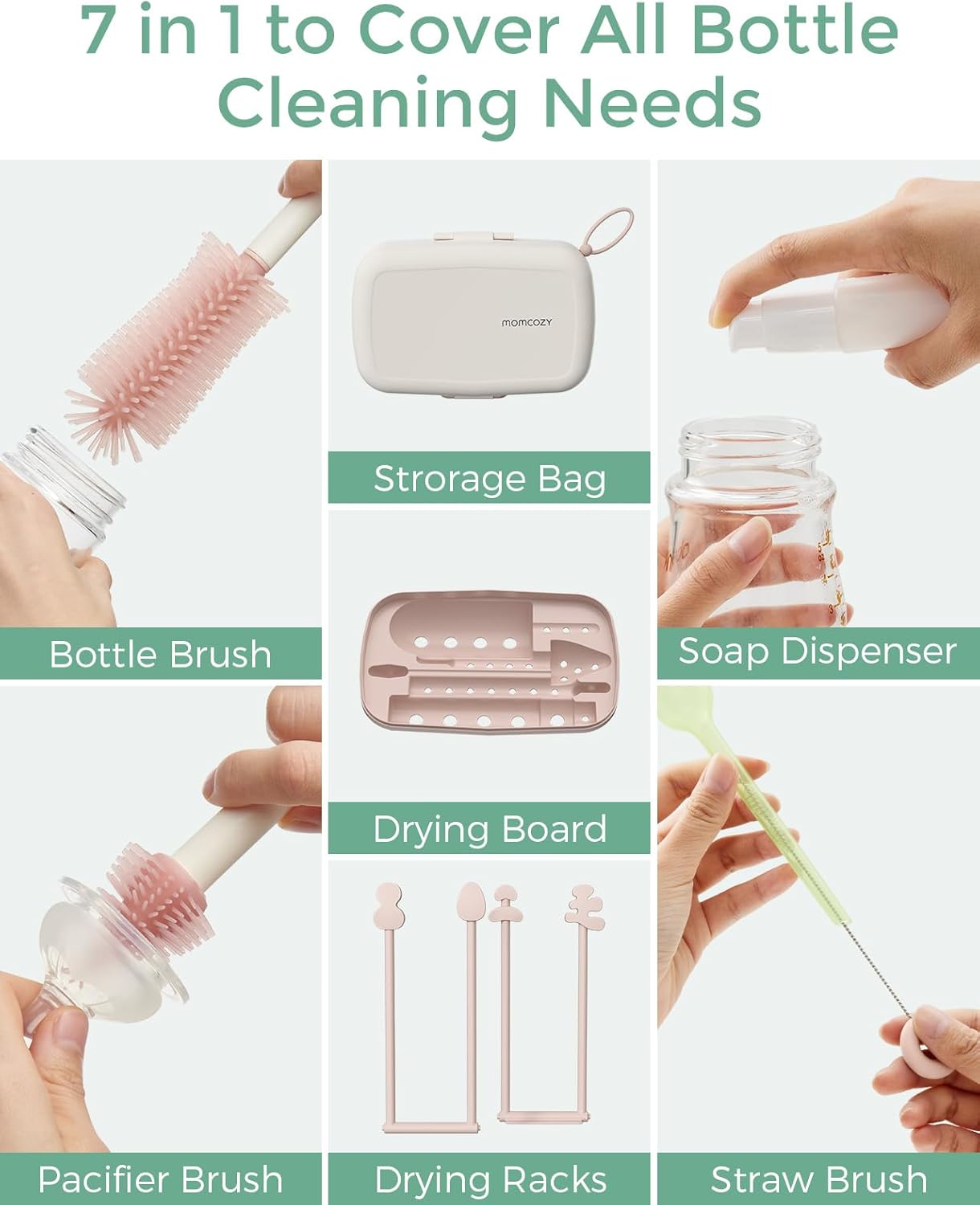 Momcozy Bottle Brush Set - Baby Bottle Cleaner Kit with Silicone Brush, Nipple Brush, Straw Brush, Soap Dispenser, Drying Rack - 7 in 1 Bottle Cleaning Tool for Home and Travel, Green