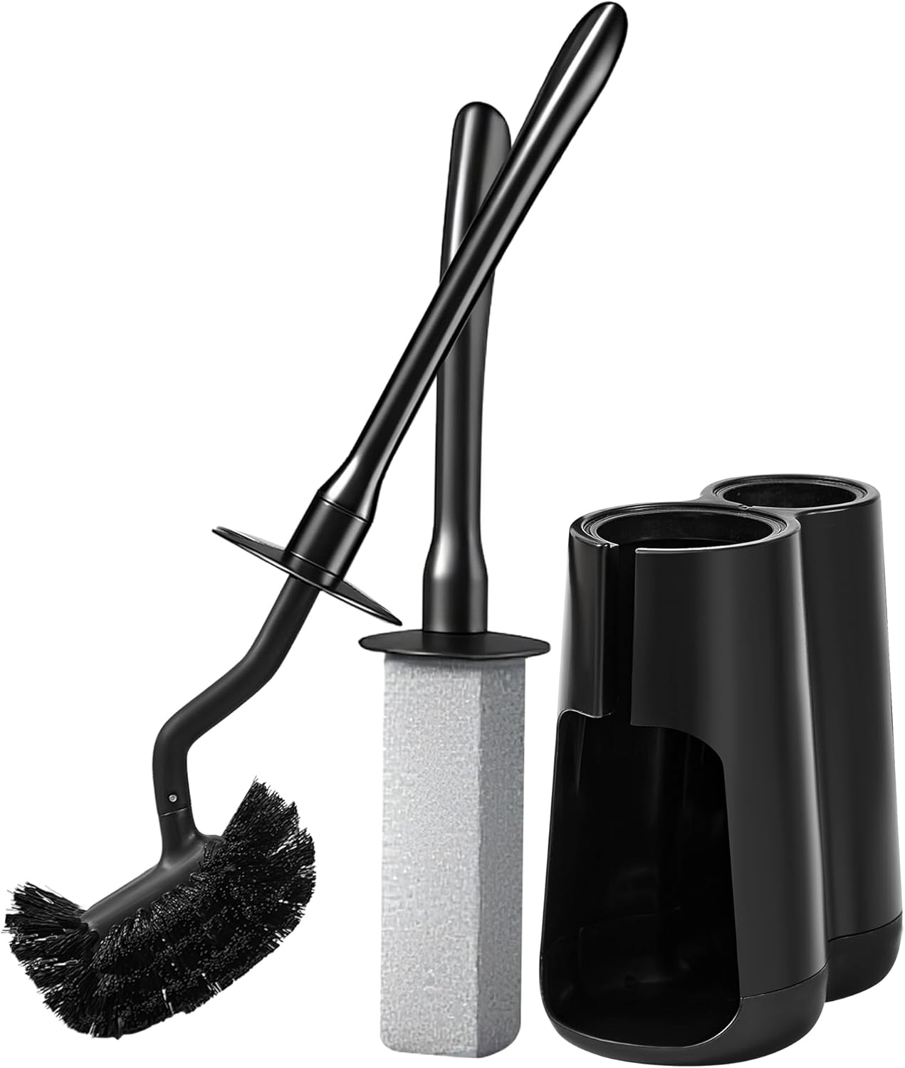 Toilet Brush and Holder Set with Pumice Stone – Long Handle Toilet Bowl Brush, Anti-Splash Scrubber, Ventilated Drip-Free Base, Deep Cleaner for Hard Water Stains, Limescale, Toilet Rings, Grey
