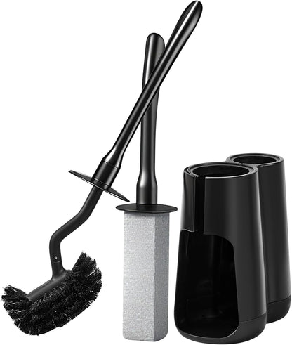 Toilet Brush and Holder Set with Pumice Stone – Long Handle Toilet Bowl Brush, Anti-Splash Scrubber, Ventilated Drip-Free Base, Deep Cleaner for Hard Water Stains, Limescale, Toilet Rings, Grey