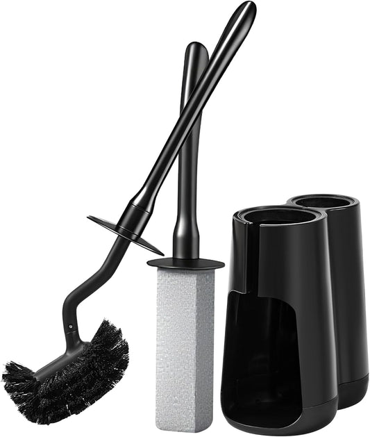 Toilet Brush and Holder Set with Pumice Stone – Long Handle Toilet Bowl Brush, Anti-Splash Scrubber, Ventilated Drip-Free Base, Deep Cleaner for Hard Water Stains, Limescale, Toilet Rings, Grey
