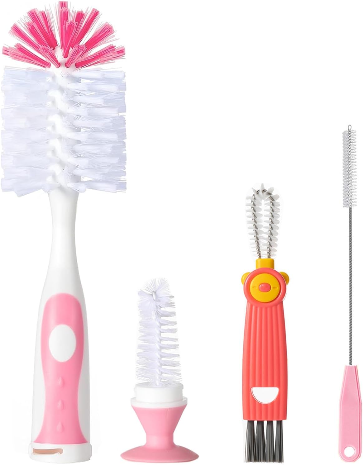 Baby Bottle Brush Set 4 in 1, Baby Bottle Cleaner, with 1P Nylon Bottle Brush, 1P Bottle Cap Brushes, 2P Straw Brushes, Bottle Brush with Nipple Cleaner and Suction Cup, BPA-Free(Green)