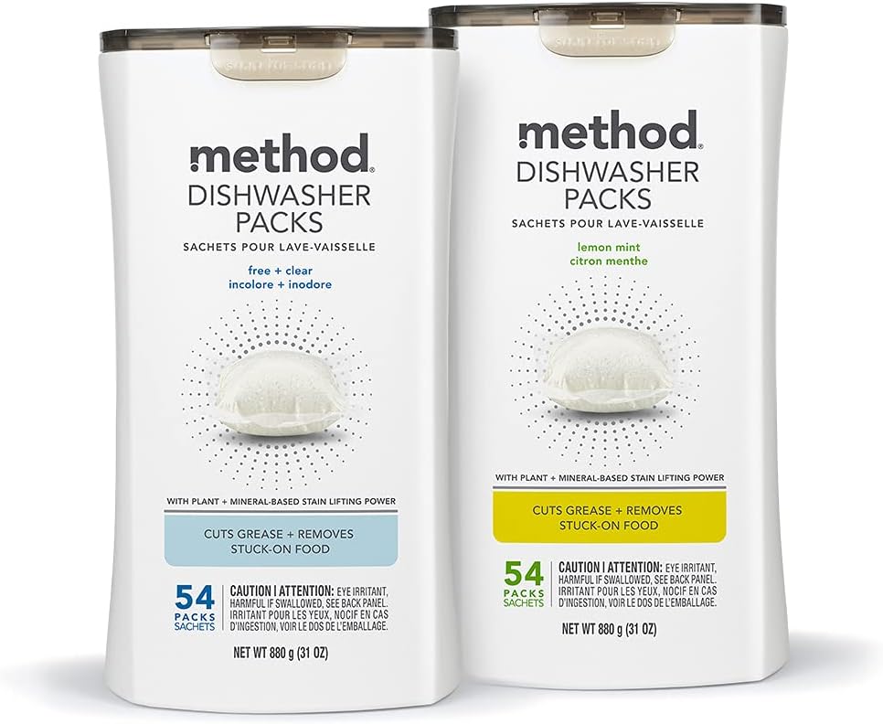 Method Dishwasher Detergent Packs, Fragrance Free + Clear, Dishwashing Rinse Aid to Lift Tough Grease and Stains, 54 Dishwasher Tabs per Package, (Pack of 2)