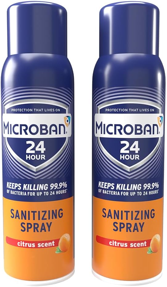 MICROBAN Sanitizing Spray, 15 oz., 2 Pack, Fresh Scent, Disinfects, Sanitizes, Eliminates Odors, and Keeps Killing 99.9% of Bacteria on Hard, Non-Porous Surfaces in Home for up to 24 Hours