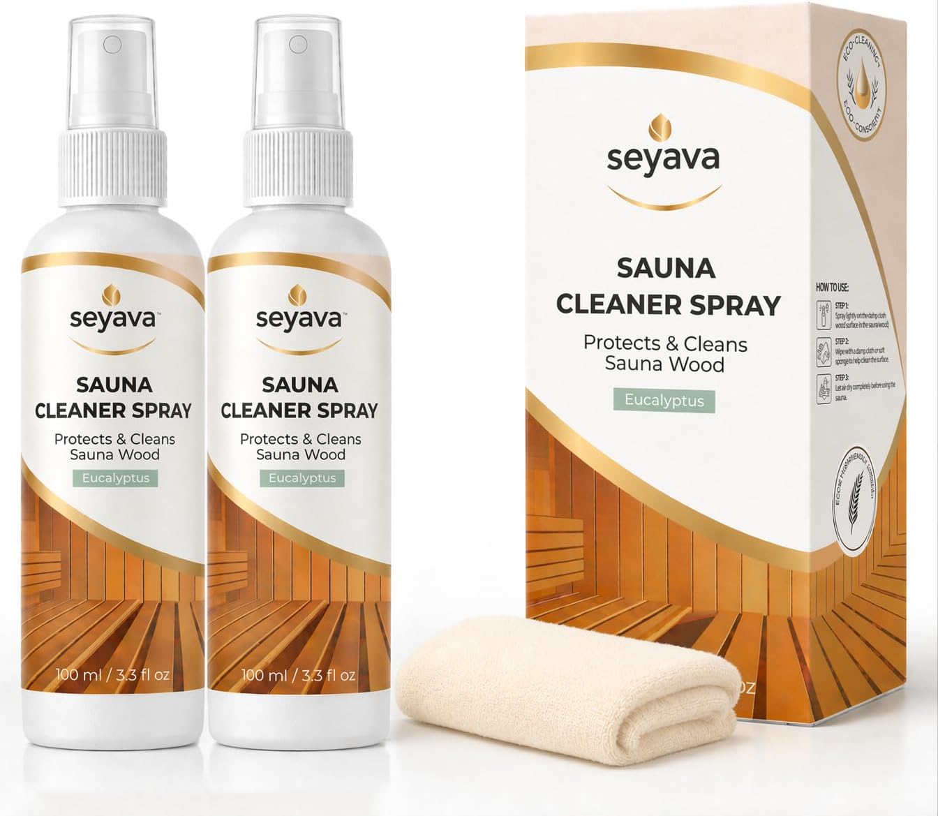 Sauna Cleaner Kit – 2-Pack (2 × 3.3 fl oz) Ready-to-Use Eucalyptus Spray + Microfiber Cloth – Natural Sauna Wood Cleaner & Deodorizer for Maintenance, Traditional & Infrared Saunas