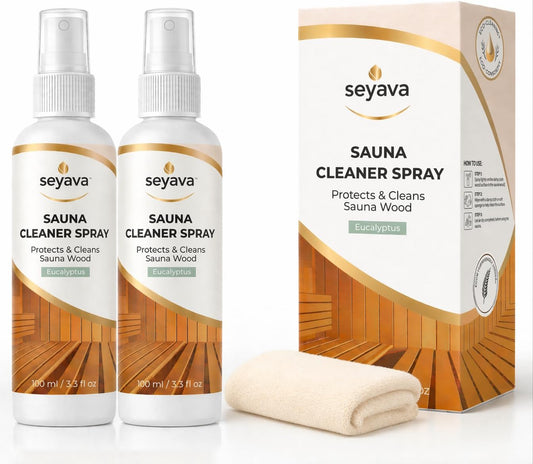 Sauna Cleaner Kit – 2-Pack (2 × 3.3 fl oz) Ready-to-Use Eucalyptus Spray + Microfiber Cloth – Natural Sauna Wood Cleaner & Deodorizer for Maintenance, Traditional & Infrared Saunas