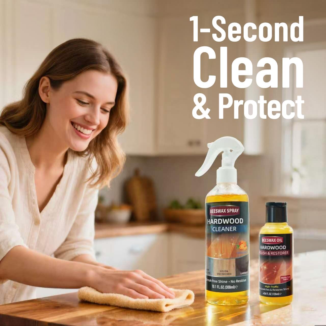 Furniture Polish Kit: Wood Cleaner Spray & Nourishing Care Oil – For Floors, Kitchen Tables, Desks & All Home Wood Furniture (300ml+120g)