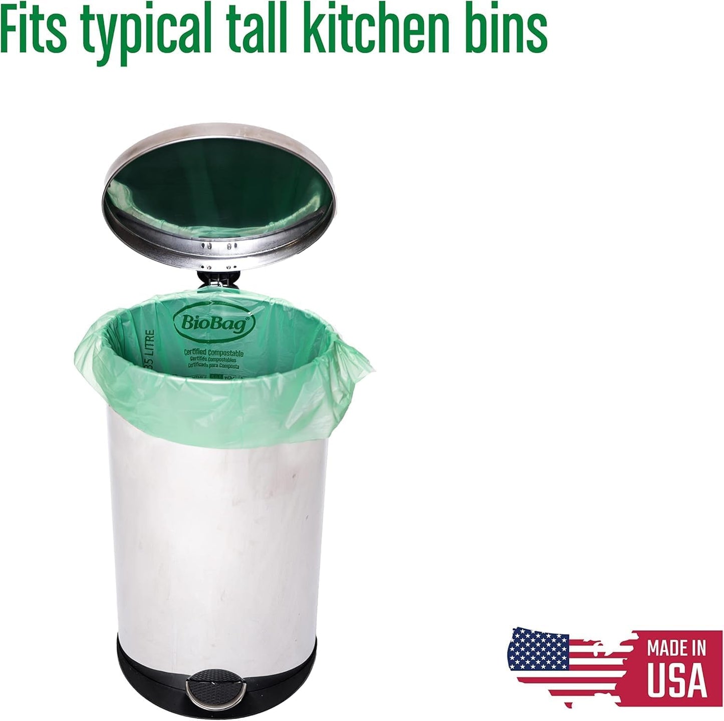3 Gallon Compostable Food Scrap Bags by BioBag, 100 Count, BPI Certified, Meets ASTM D6400 Standards, Made in USA, Kitchen Trash Bin Liners
