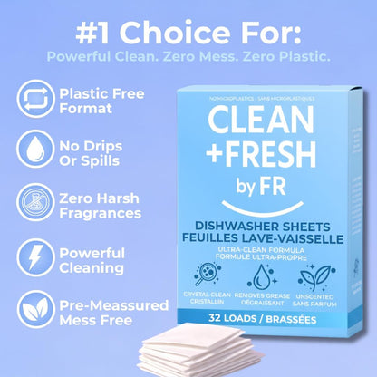 Dishwasher Detergent Sheets – Dishwasher Detergent Pods & Tabs Alternative – Clean + Fresh – 32 Loads – Ultra Concentrated, Quick Dissolve, Plastic-Free, Powerful Grease & Stain Removal, Unscented