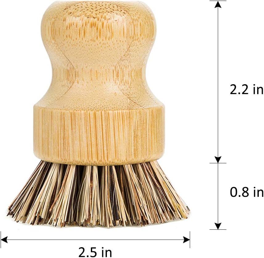 GREENTH PRO Palm Pot Dish Brush- Nature Bamboo 2 Packs Mini Durable Scrub for Kitchen Cleaning with Ceramics Holder