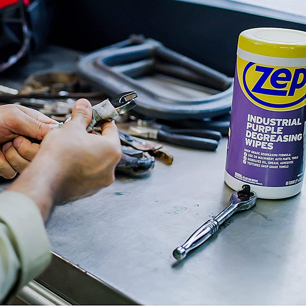 Zep Industrial Purple Heavy-Duty Degreasing Wipes - 65 Wipe Count - ZUINDPRPL65 - Dissolves Oil, Grease and Adhesives Fast, 1 Count (Pack of 1)
