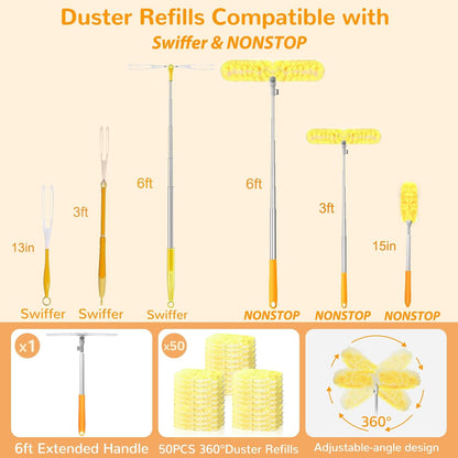 6 ft Long Handle Extendable Duster with 50 Refills for Swiffer Duster, Heavy Duty 360° Microfiber Dusting Kit for High Ceilings, Ceiling Fans, Tall Windows, and Hard-to-Reach Areas