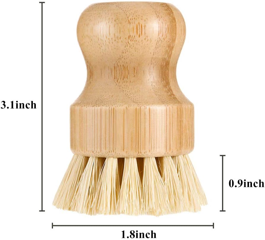 5 Pack Natural Bamboo Cleaning Brush Set, Pot Dish Scrub Brush with Handle and Flannel Bag Kitchen Brushes for Cast Iron Pots, Pans, Vegetable and Kitchen Cleaning