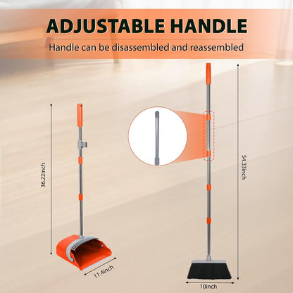 YZO Broom and Dustpan Set, 54.33 Inch Long Handle Standing Design, Dustpan Front Rubber Tight Seal, Broom with 5 Layer Bristles, Suitable for Living Room, Bedroom, Yard, Office and Apartment(Green)