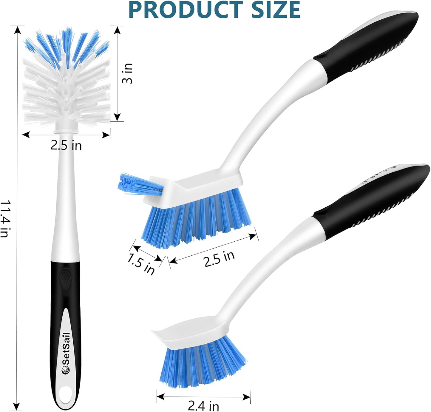 SetSail Dish Brush Set of 3 with Bottle Brush, Dish Scrub Brush with Long Handle Deep Cleaning Handle Brush with Scraper Tip for Kitchen Sink Dishes Bottle Cup Pot and Pans Tile Lines, Black