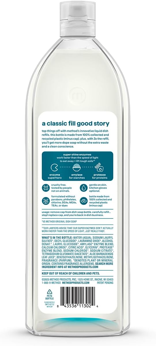 Method Super Shine Liquid Dish Soap Refill, Powered by Enzymes, Free + Clear, Unscented, 48 fl oz