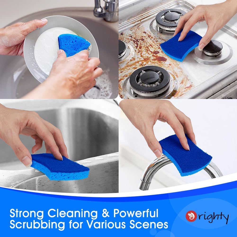 Orighty Non-Scratch Scrub Sponge, 24-Pack, Cellulose Kitchen Scrubber Sponges, Ideal for Kitchen Cleaning, Non-Stick Cookware, Washing Dishes, Bathroom, and Household