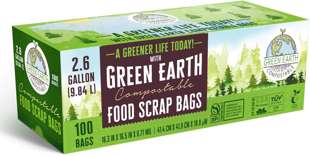 Green Earth Compostable Tall Kitchen Food Scrap Trash Bags, Superior Strength 0.9 Mil, Compost Bin Compatible, 13 Gallon, 49 Liter, 50-Count, ASTM D6400, BPI (US) & OK Compost Home (EU) Certified