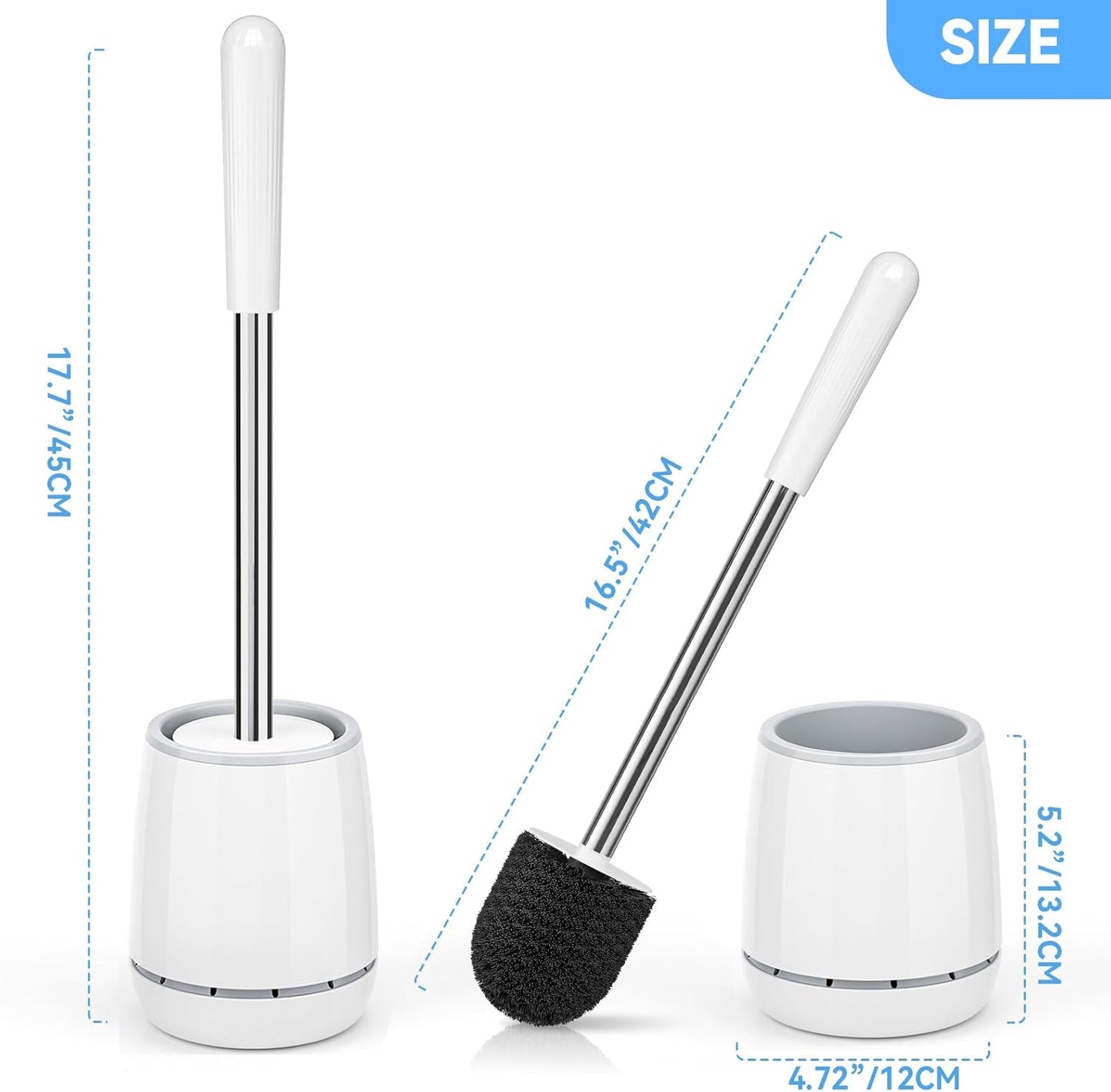 Toilet Brush, 2 PCS Toilet Brush and Holder with 304 Stainless Steel Handle, Space Saving Toilet Bowl Brush for Storage, Durable Bristles Toilet Scrubber for Bathroom Cleaning