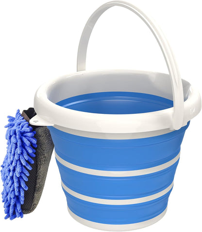 Collapsible Wash Bucket with Microfiber Mitt, 10L (2.6 Gallon) Portable Collapsiblle Buckett with Handle for Car Wash Household Cleaning, Multiuse Collapsibles Water Bucket and Car wash mitt - Grey