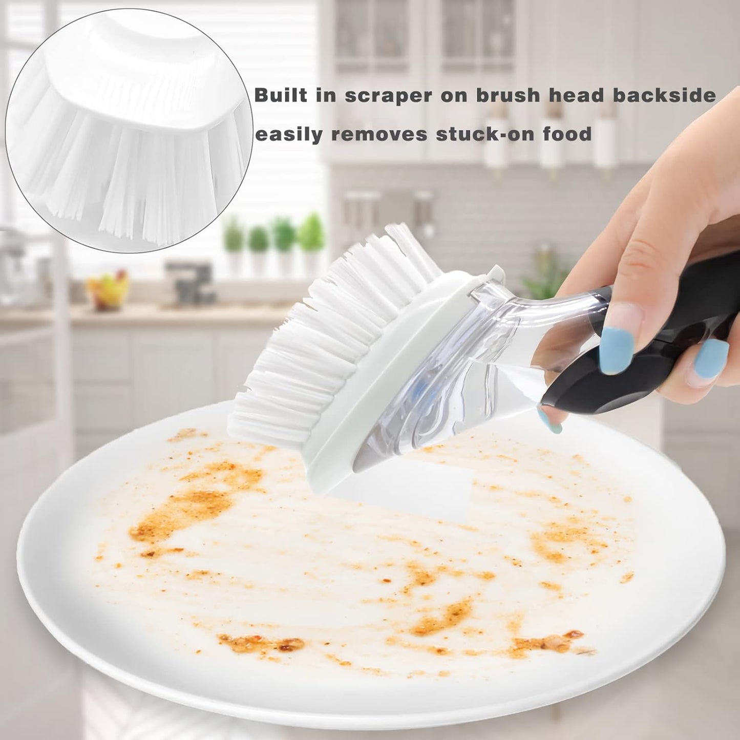 Soap Dispensing Replacement Dish Brush Storage Set with 2 PCS Brush Refills & Holder - RIMAY Dispenser Scrub Cleaning Scrubber Kitchen Dishwashing Dish Wand Handle for Dishes/Pans/Pots/Sink(Black)