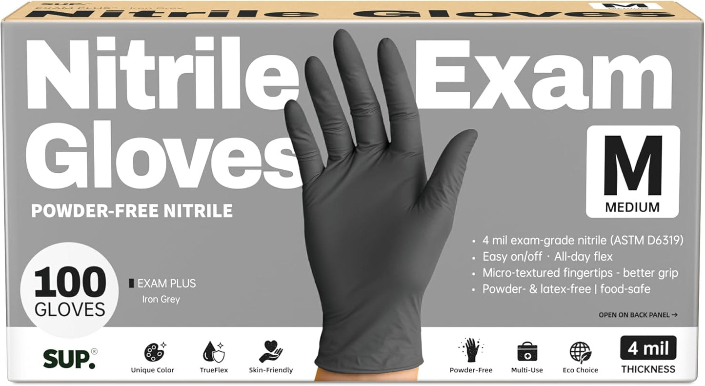SUP Powder-Free Nitrile Exam Gloves, 100 Count, Food Safe Latex-Free Medical Non-Sterile Cooking Disposable Glove, Black