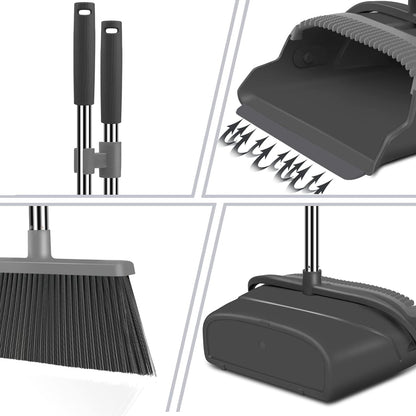 Upgrade Broom and Dustpan Set, Self-Cleaning with Dustpan Teeth, Indoor&Outdoor Sweeping, Ideal for Dog Cat Pets Home Use, Stand Up Broom and Dustpan (Gray&Orange)