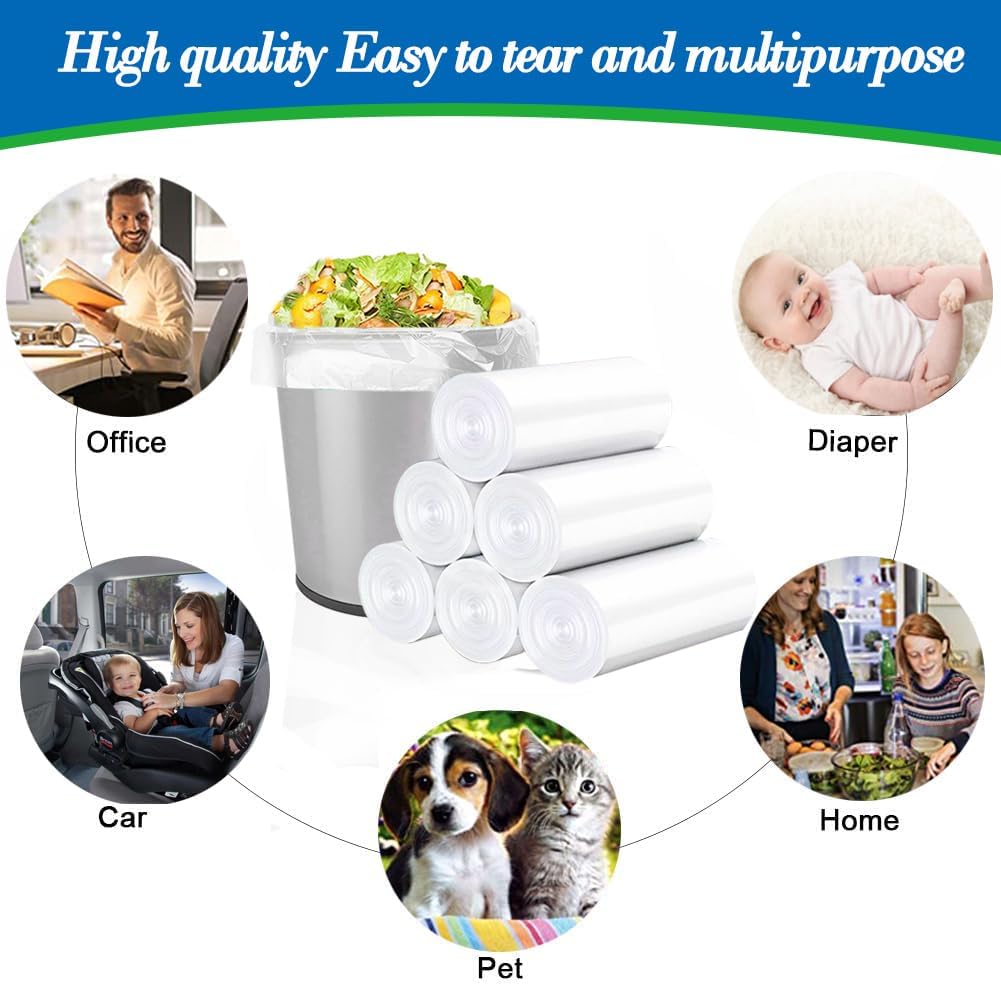 Hommaly 2 Gallon (1.8-2 Gal)120 pcs Small Clear Trash Bags, Strong 1.8 Gallon Garbage Bags, Bathroom Trash Can Bin Liners Unscented, Mini Plastic Bags for Office, Waste Basket Liner,Fit 6,7,8 Liters