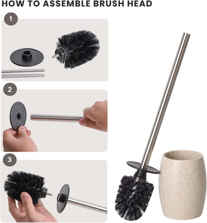 Clasin Home Toilet Bowl Brush and Holder with Stainless Steel Long Handle, Toilet Scrubber Brush with Durable Base, 360° Deep Cleaning Bristles for Bathroom, Compact Set for Small Space (Beige)