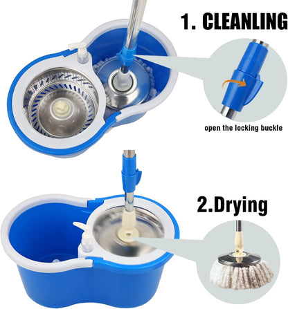 Mop and Bucket Set, 360° Spin Mop and Bucket with Wringer Set and 3 Microfiber Mop Refills, Stainless Steel 61" Extended Handle Spinning Mop Bucket System for Floor Cleaning