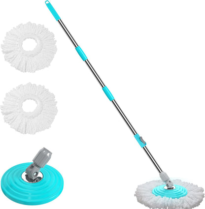 Stainless Steel Extendable Mop Handle with 2 Microfiber Replacement Heads & 360° Rotating Base Plate — Fits Standard Mop Buckets -White