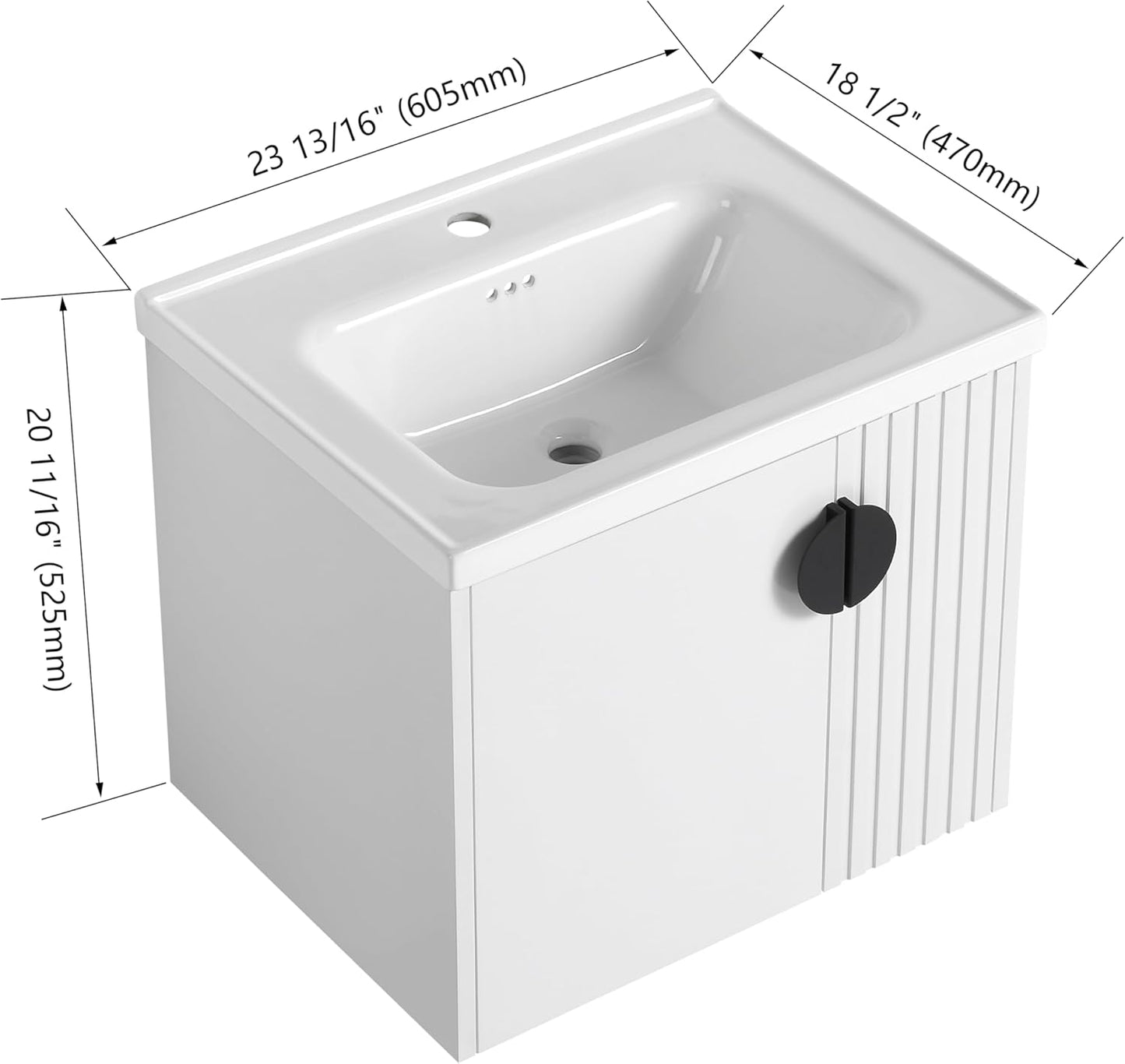 SSLine Modern 24-Inch Bathroom Vanity with Sink Wall Mounted Bathroom Vanity with Top Basin & Storage Cabinet White Wood Floating Vanity w/Ceramic Sink & Gold/Black Handles for Small Space