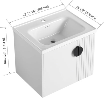 SSLine Modern 24-Inch Bathroom Vanity with Sink Wall Mounted Bathroom Vanity with Top Basin & Storage Cabinet White Wood Floating Vanity w/Ceramic Sink & Gold/Black Handles for Small Space