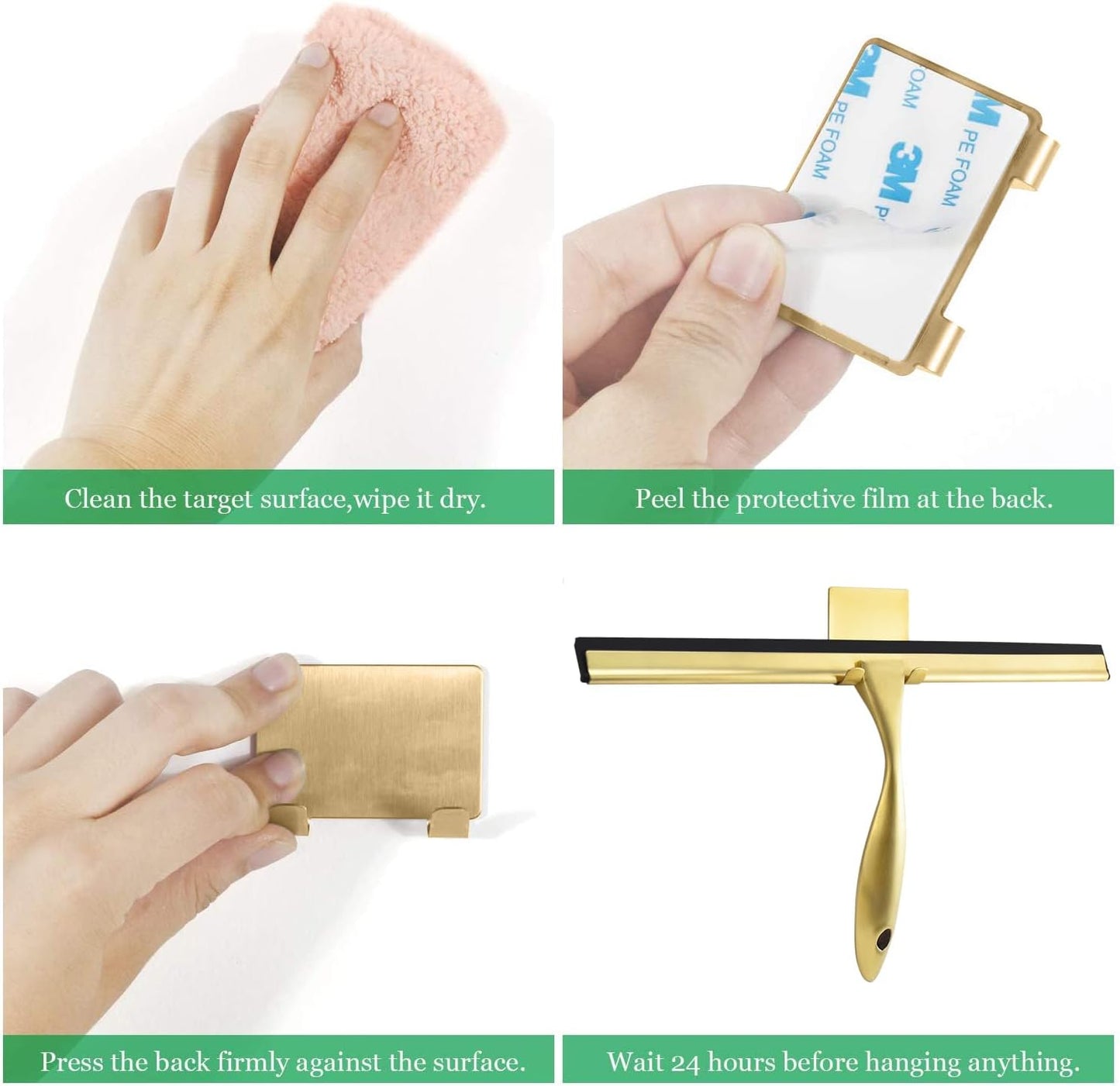 OPERNEE Shower Squeegee with Self Adhesive Hook, 10 Inches Stainless Steel Squeegee Cleaner, All-Purpose Window Scraper for Bathroom Doors, Mirror, Windows and Car Glass, Brushed Gold
