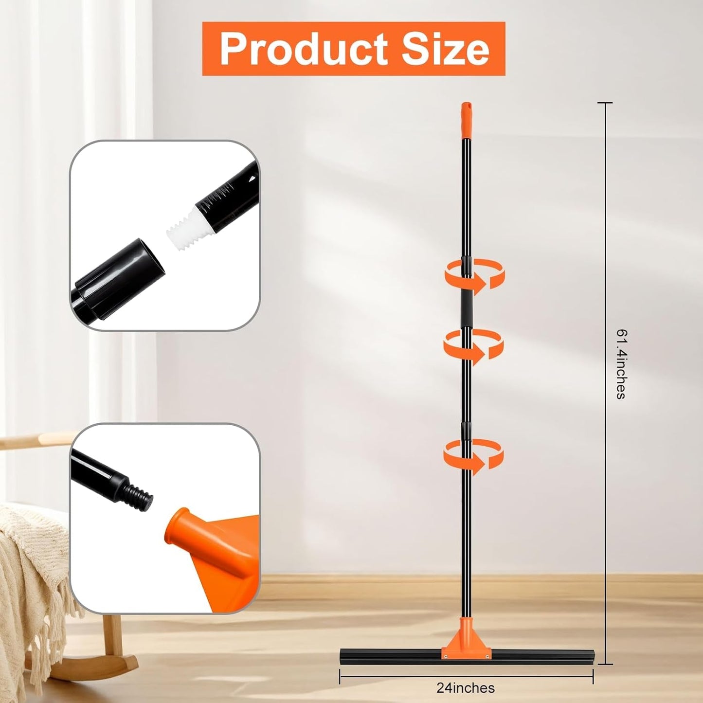 Heavy Duty Floor Squeegee with Long Handle, 18" Rubber Wiper Broom for Concrete Tile Cleaning Commercial Scrubber Mop for Garage Deck Bathroom Kitchen Pool