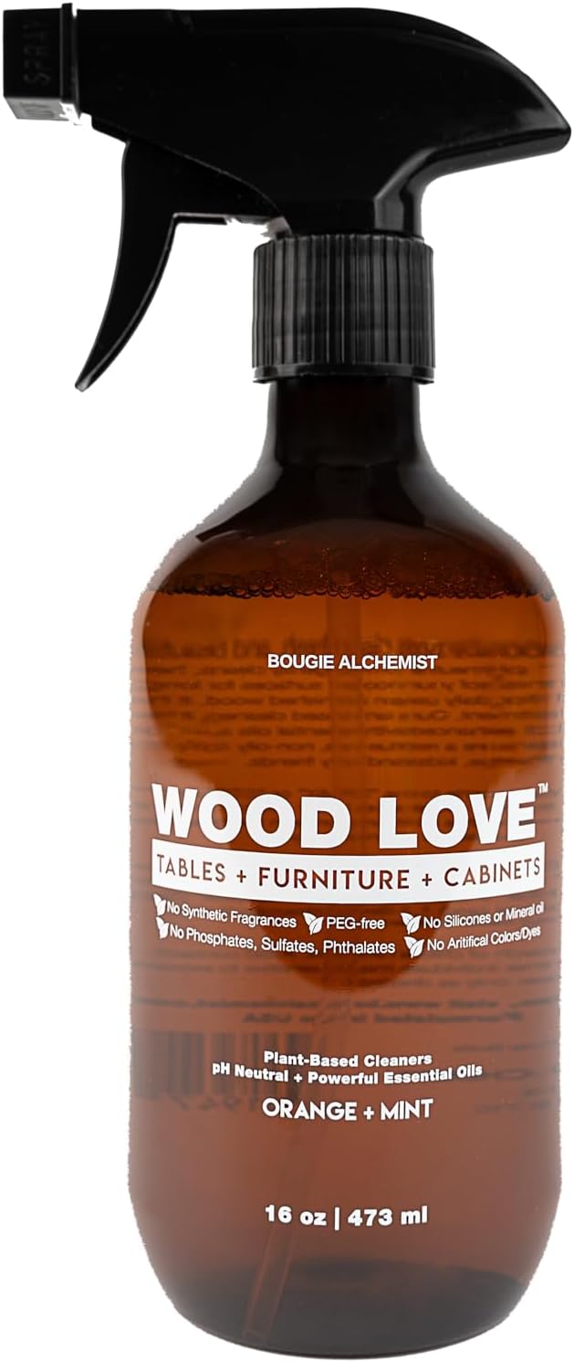 Wood Love® – Wood Furniture Cleaner Spray – Daily Wood Cleaner for Tables, Cabinets & Home Surfaces – 99% Plant-Based, Safe for All Finished Wood – Gentle Light Conditioning – 16oz, Made in USA