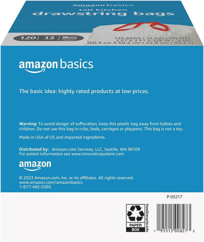 Amazon Basics Scented Trash Bags, Tall Kitchen Drawstring, Clean Fresh Scent, 13 Gallon, 200 Count, Pack of 1