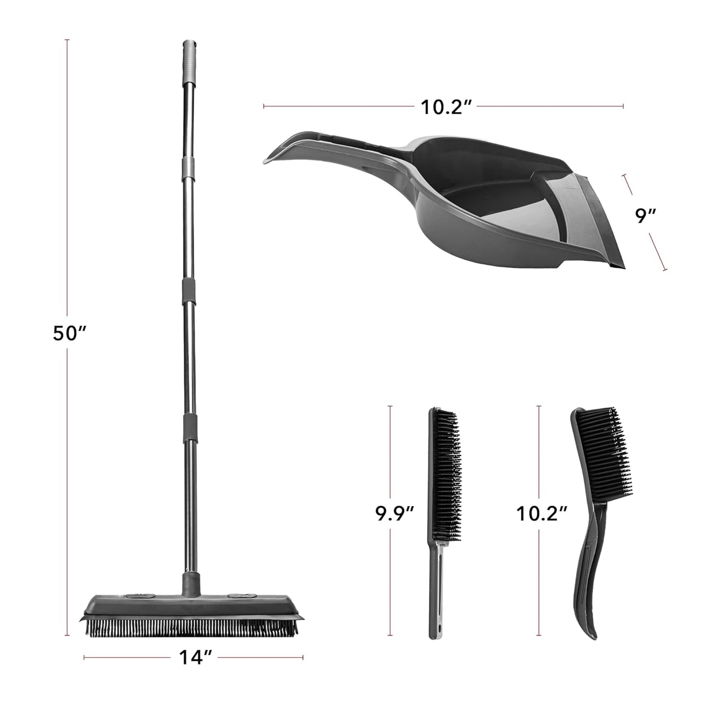 OVENTE Carpet Rake Rubber Broom for Pet Hair Removal with Squeegee, Detailing Lint Fur Remover Brush, Dustpan and 50” Handle, Cleaning Tools Set for Rug, Hardwood Floor, Tile and Window, Grey CT2504GY