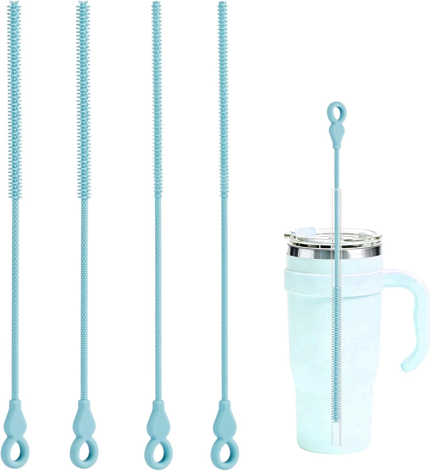 Silicone Straw Cleaner Brush, 4-Piece Reusable Straw Brush Set with Extra-Long Design for Cleaning Thin Metal Straws and Wider Milkshake Straws （6mm+9mm Pink)