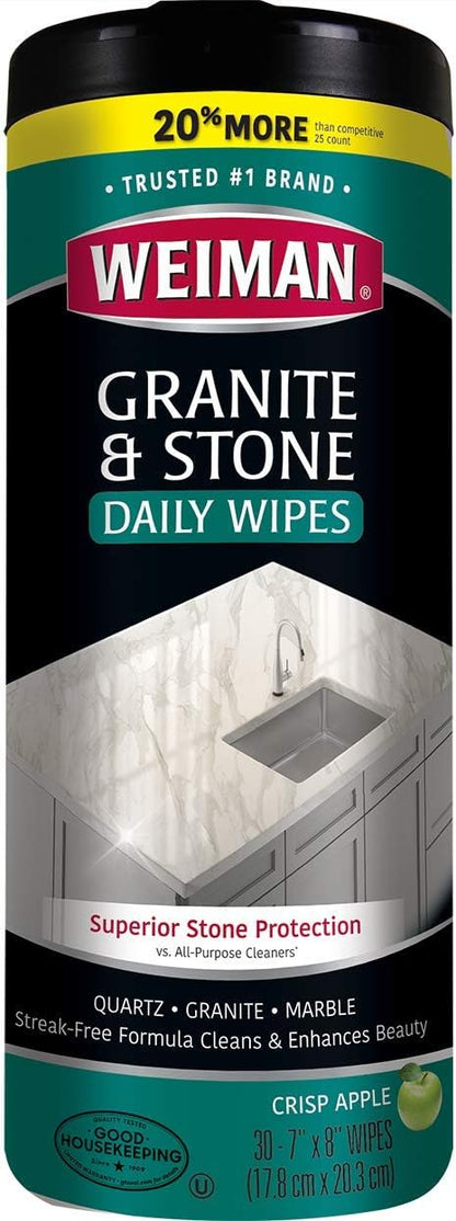 Weiman Granite Cleaner and Polish - 30 Wipes - For Granite Marble Soapstone Quartz Quartzite Slate Limestone Corian Laminate Tile Countertop and More (Pack of 1), Package May Vary