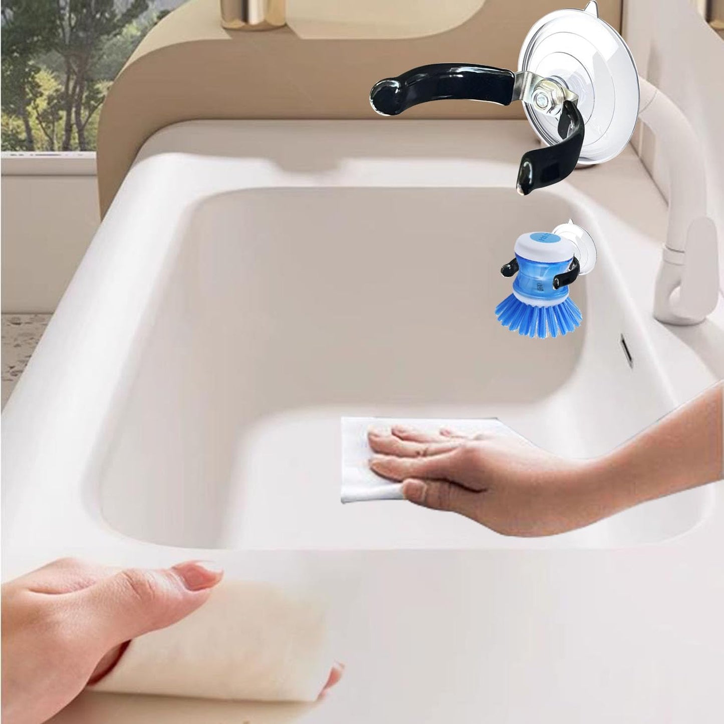 Soap Dispensing Palm Brush Holder Dish Brush Holder for Kitchen Brush Dish Brush With Soap Dispenser Pot Black Sink Stand Organizer (Open)