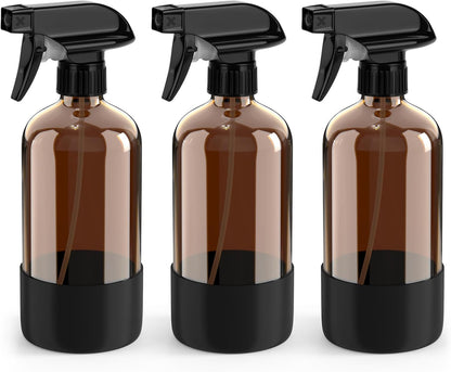 Bontip Amber Glass Spray Bottle with Silicone Sleeve Protection, 16 oz Refillable Spray Bottles for Cleaning Solutions, Plants, Aromatherapy, Facial Hydration (1, Black, 16 oz)