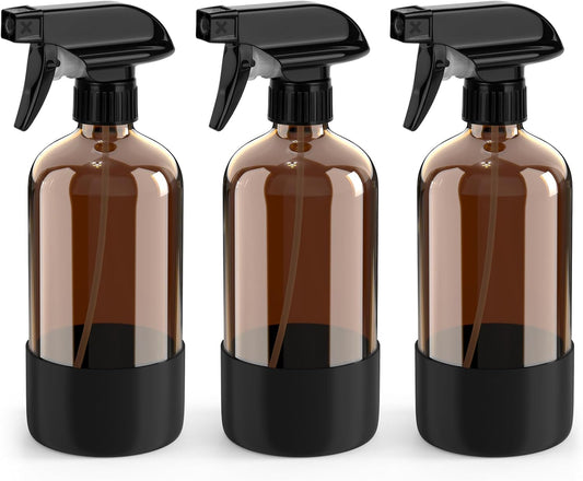 Bontip Amber Glass Spray Bottle with Silicone Sleeve Protection, 16 oz Refillable Spray Bottles for Cleaning Solutions, Plants, Aromatherapy, Facial Hydration (1, Black, 16 oz)