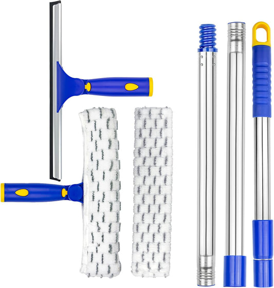 ITTAR Window Squeegee Cleaning Kit with 60 Inch Extension Pole | 12" Glass Cleaner Tool rubber Blade & 2 Microfiber Pads | Window Washing Equipment for High Windows, Shower Glass Doors, Car Windshield